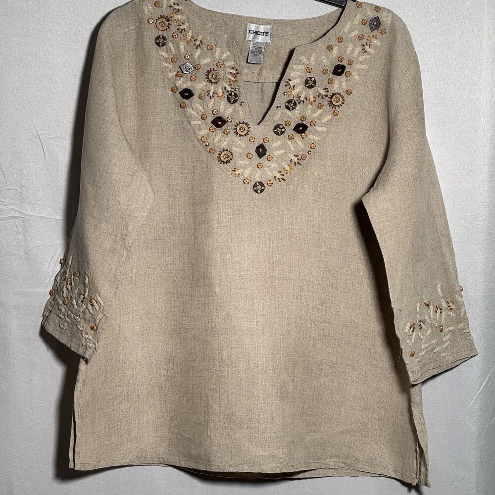 Chico’s 100% Linen Embroidered Embellished Tunic Top Size 2 Beaded Neutral Boho